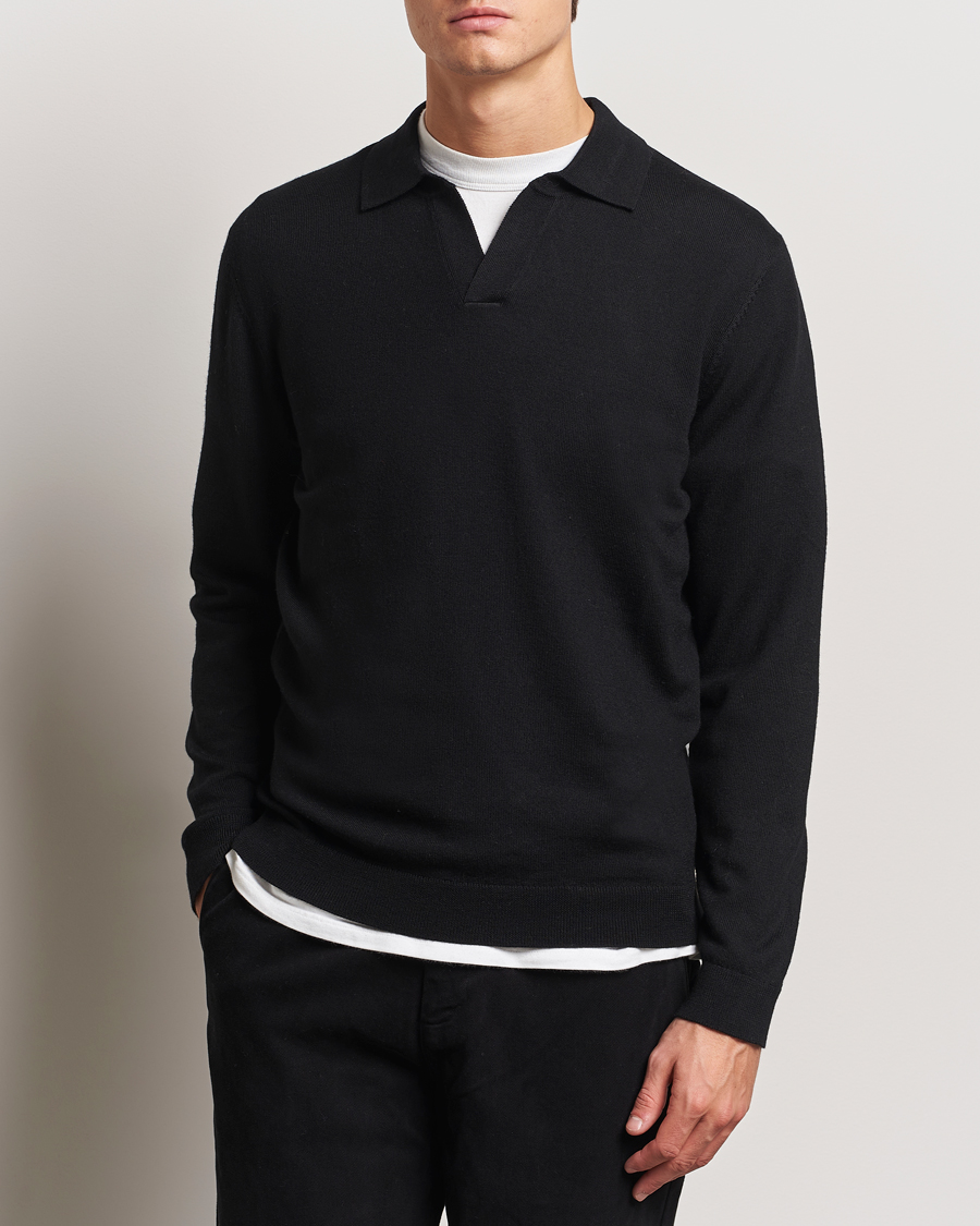 Men | Sweaters & Knitwear | A Day's March | Manol Open Collar Merino Polo Black