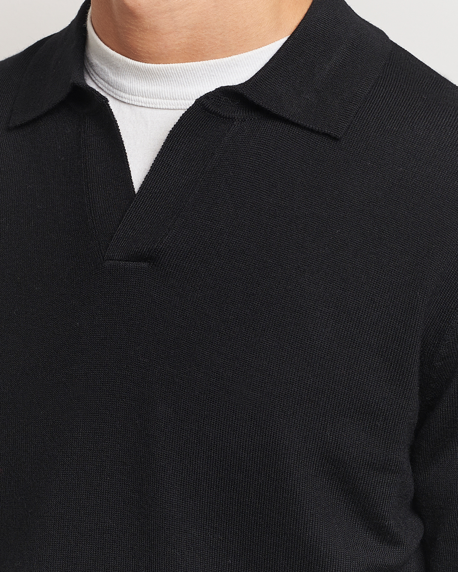 Men | Sweaters & Knitwear | A Day's March | Manol Open Collar Merino Polo Black