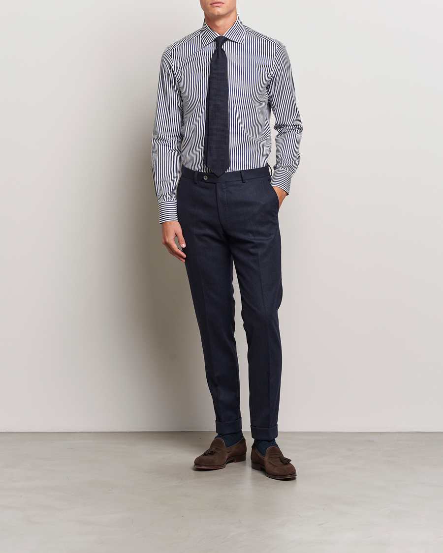 Men | Shirts | 100Hands | Striped Cut Away Cotton Shirt Navy