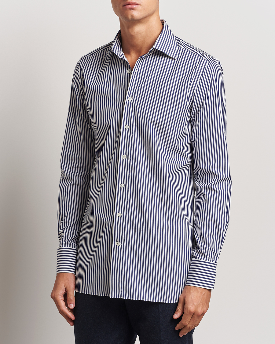 Men | Shirts | 100Hands | Striped Cut Away Cotton Shirt Navy
