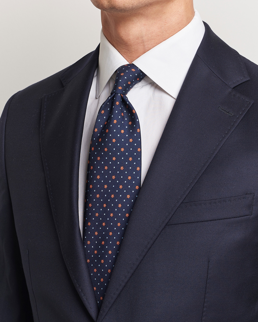 Men | E. Marinella 3-Fold Printed Silk Tie Navy/Orange | E. Marinella | 3-Fold Printed Silk Tie Navy/Orange