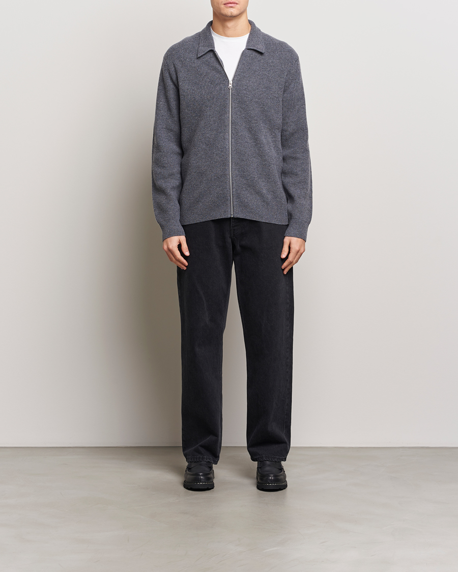 Men | Sweaters & Knitwear | Samsøe Samsøe | Saisaks Merino Rib Knitted Full Zip Charcoal