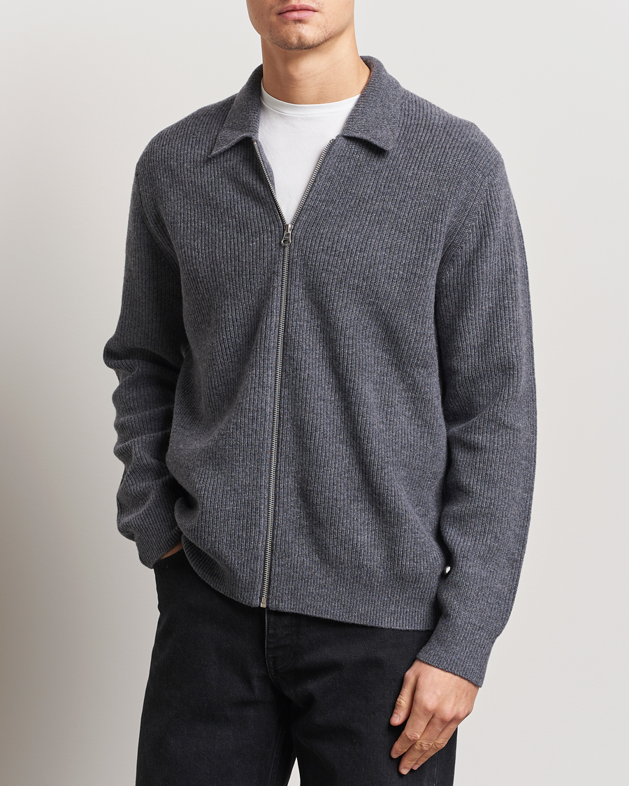 Men | Sweaters & Knitwear | Samsøe Samsøe | Saisaks Merino Rib Knitted Full Zip Charcoal