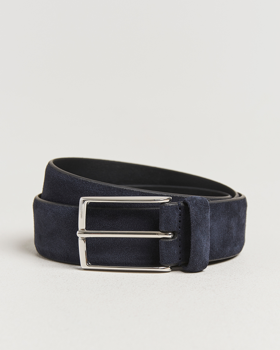 Men | Belts | Anderson's | Calf Suede 3,5 cm Belt Navy