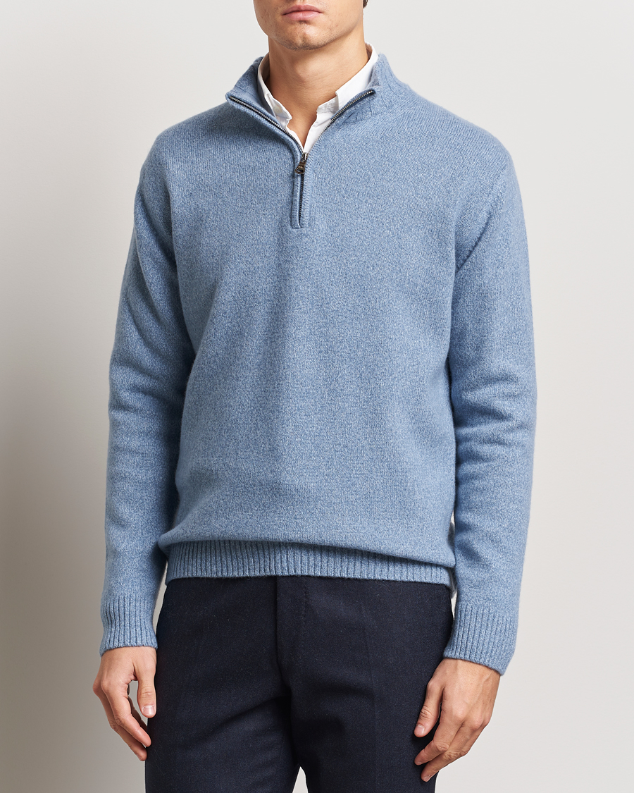 Men | Sweaters & Knitwear | Oscar Jacobson | Paul Wool/Cashmere Melange Half Zip Light Blue