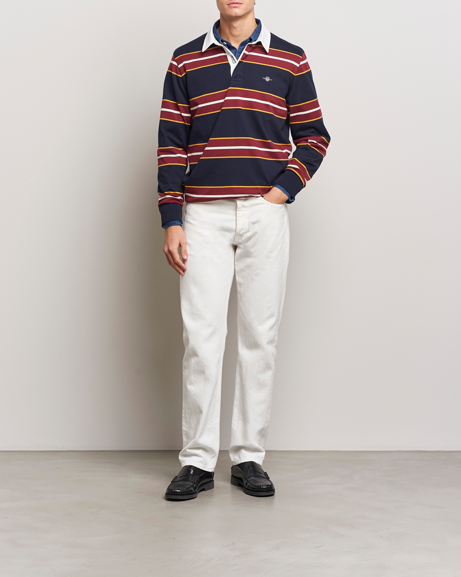 Men | Sweaters & Knitwear | GANT | Yarn Dyed Striped Heavy Rugger Evening Blue