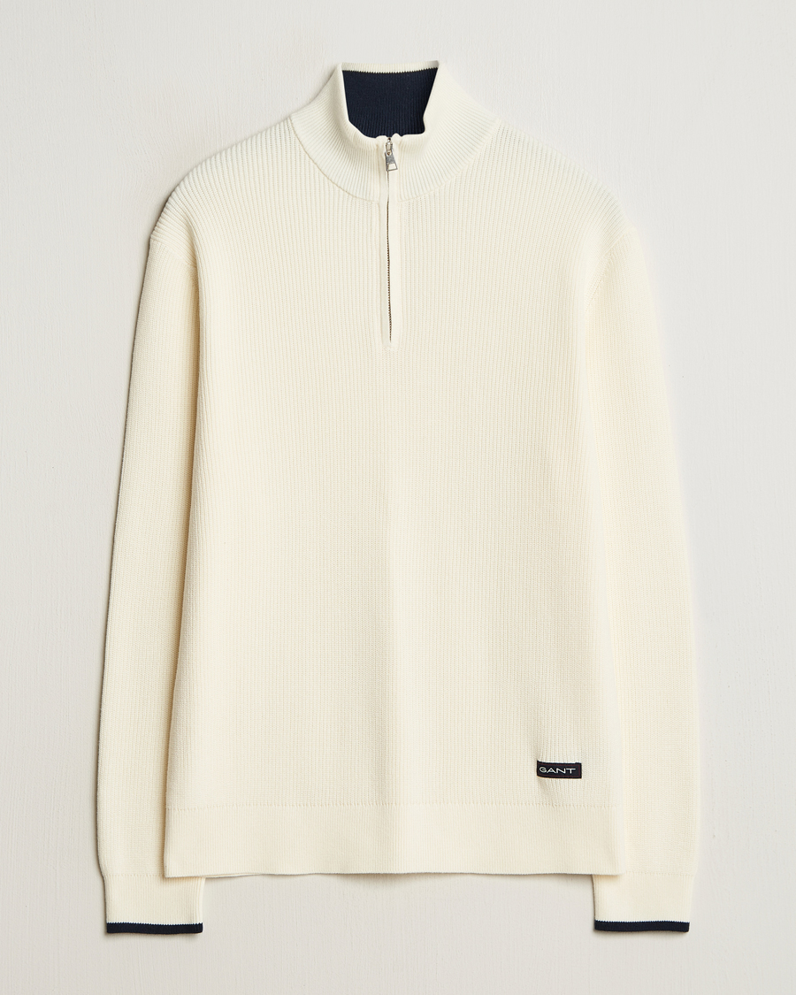 Men | Sweaters & Knitwear | GANT | Ribbed Cotton Half Zip Cream