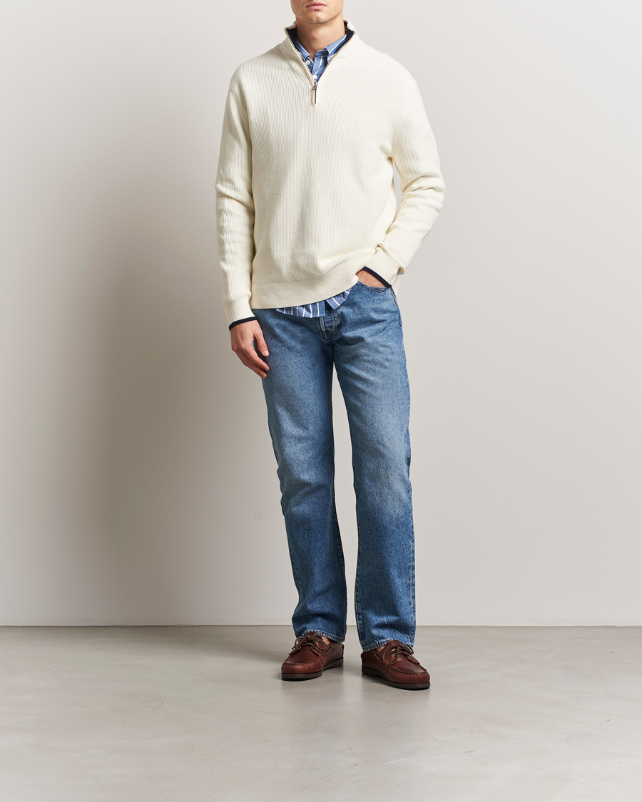 Men | Sweaters & Knitwear | GANT | Ribbed Cotton Half Zip Cream