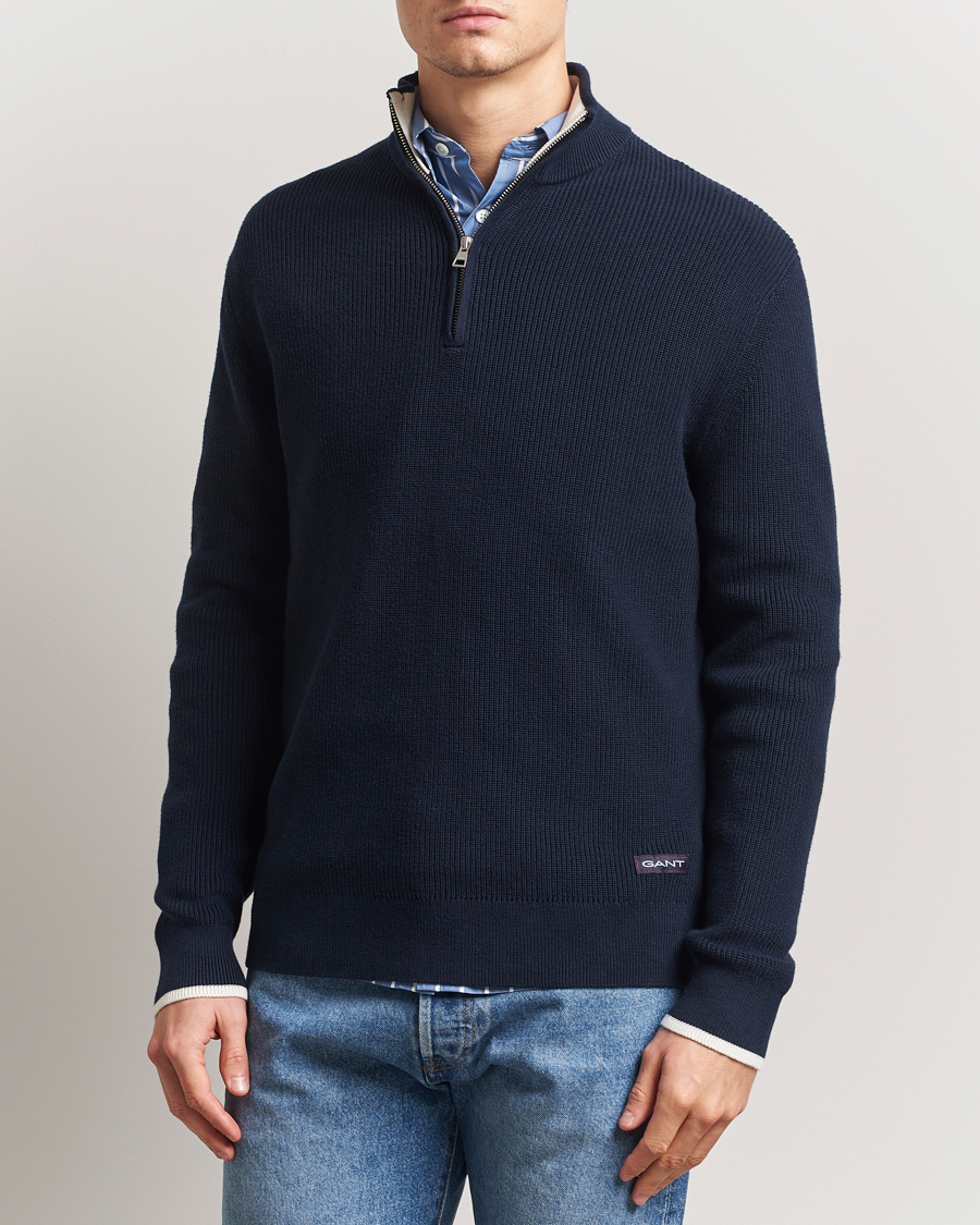 Men | Sweaters & Knitwear | GANT | Ribbed Cotton Half Zip Evening Blue