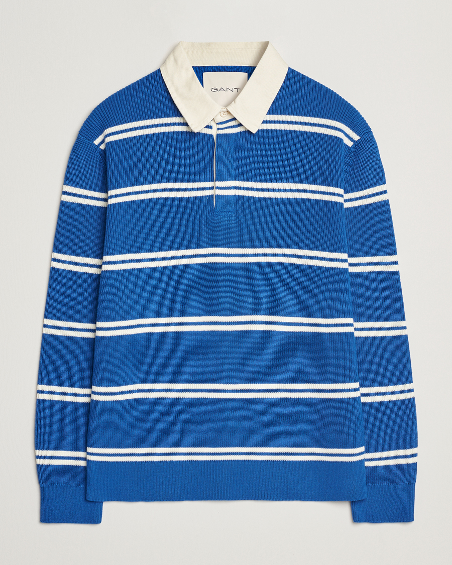 Men | Sweaters & Knitwear | GANT | Ribbed Cotton Striped Rugger Lapis Blue