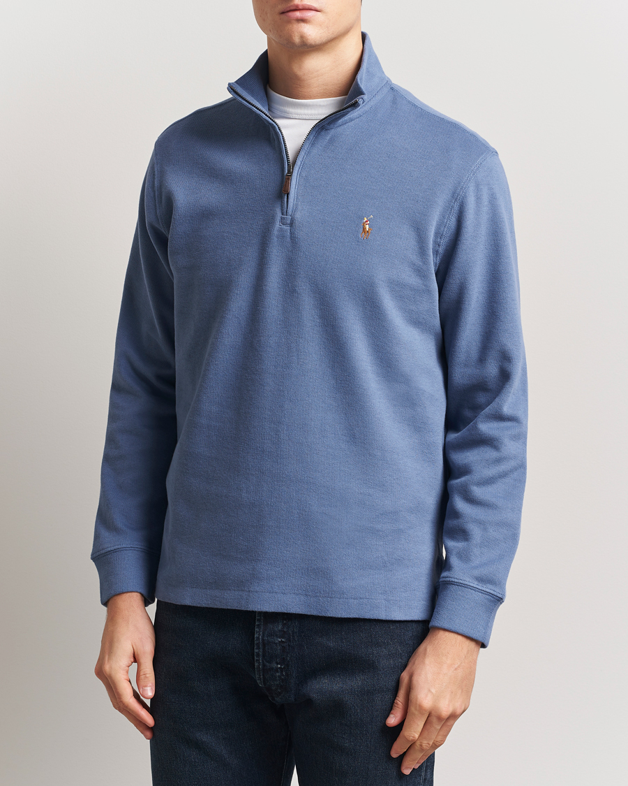 Men | Sweaters & Knitwear | Polo Ralph Lauren | Double Knit Jaquard Half Zip Sweater Capri Blue