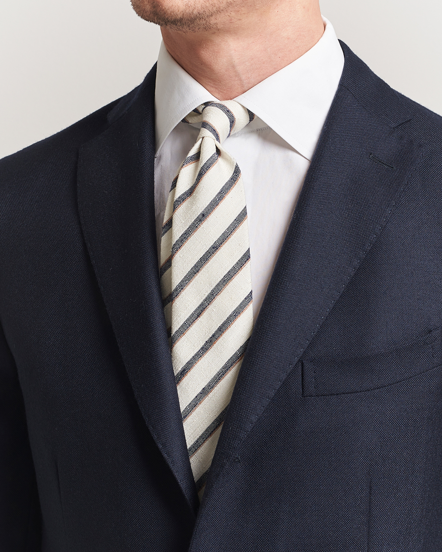 Men | Ties | Amanda Christensen | Silk Shantung Striped 8cm Tie Cream
