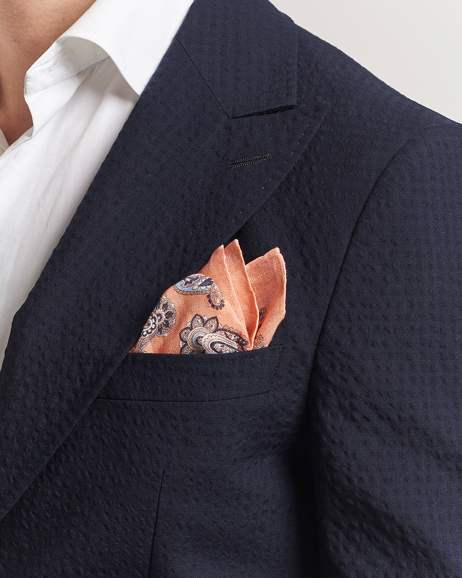 Men | Amanda Christensen Linen Printed Large Paisley Pocket Square Orange | Amanda Christensen | Linen Printed Large Paisley Pocket Square Orange
