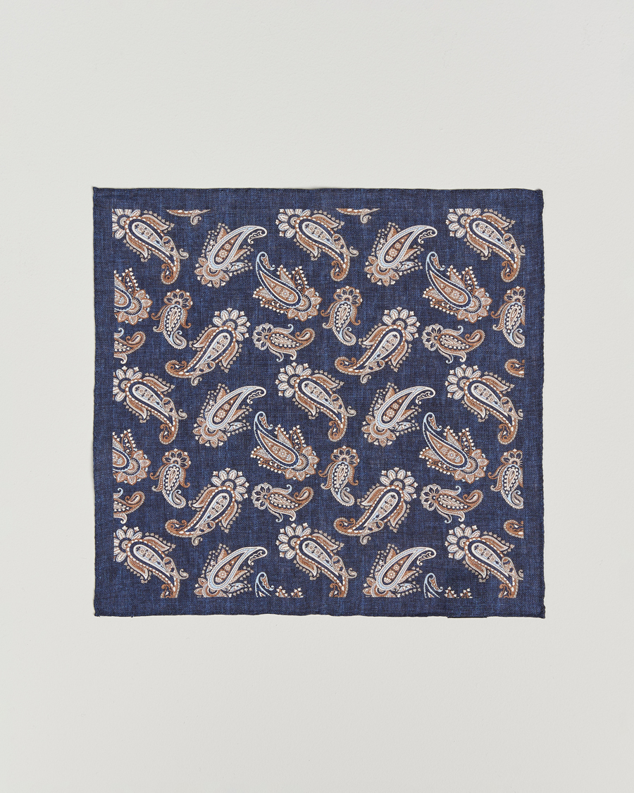 Men | Pocket Squares | Amanda Christensen | Linen Printed Large Paisley Pocket Square Navy