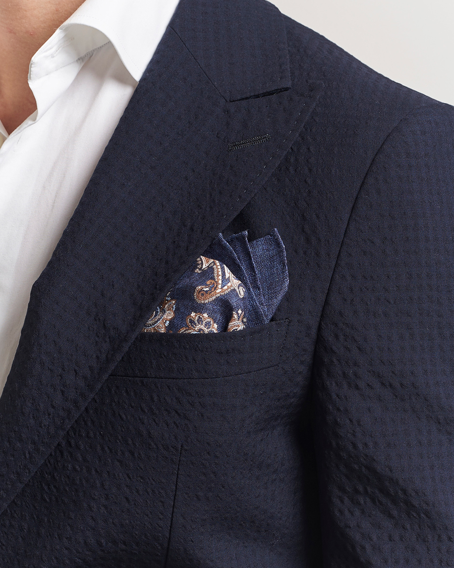 Men | Pocket Squares | Amanda Christensen | Linen Printed Large Paisley Pocket Square Navy