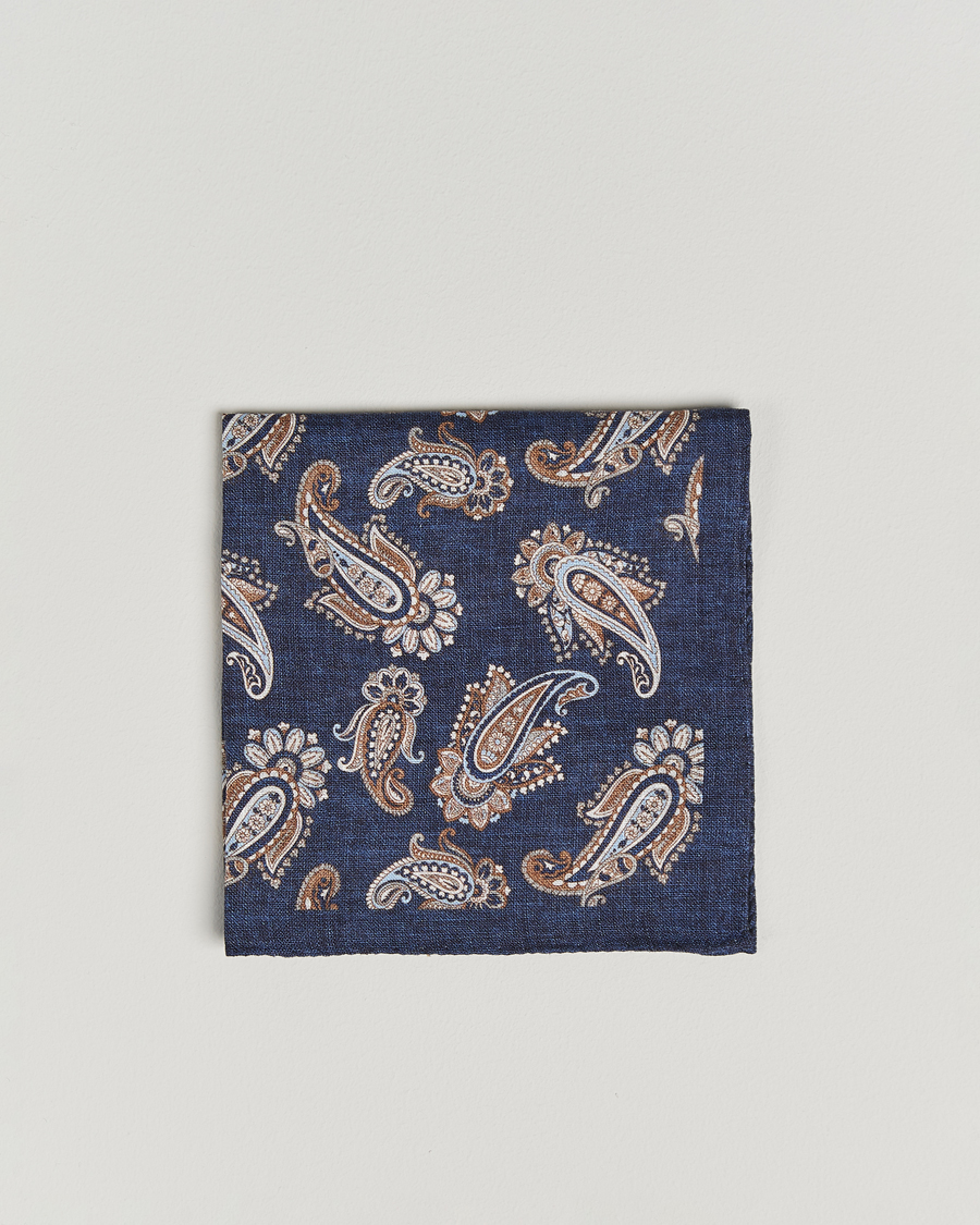 Men | Pocket Squares | Amanda Christensen | Linen Printed Large Paisley Pocket Square Navy