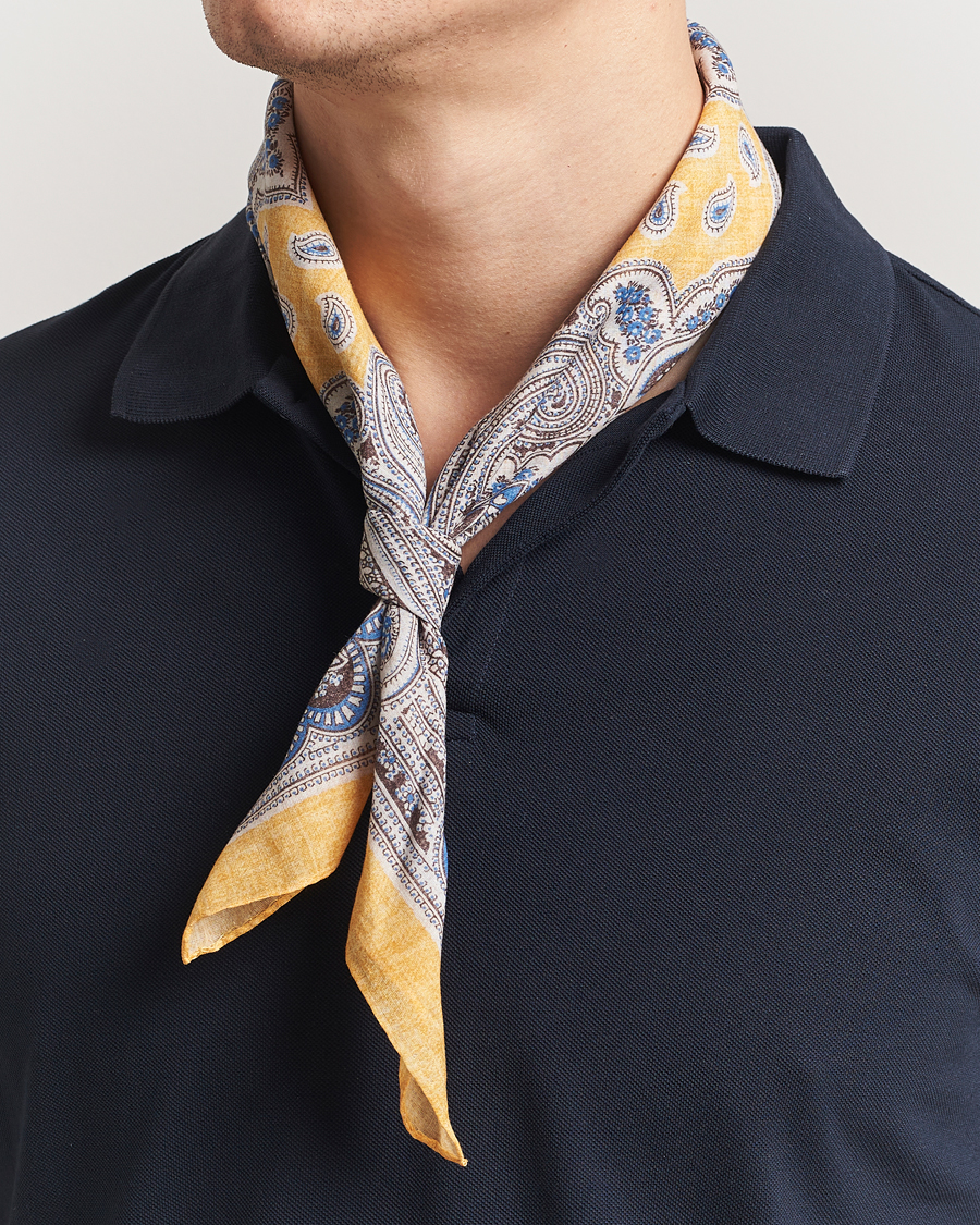 Men | Dress Scarves | Amanda Christensen | Cotton Voilé Printed Paisley Bandana Yellow