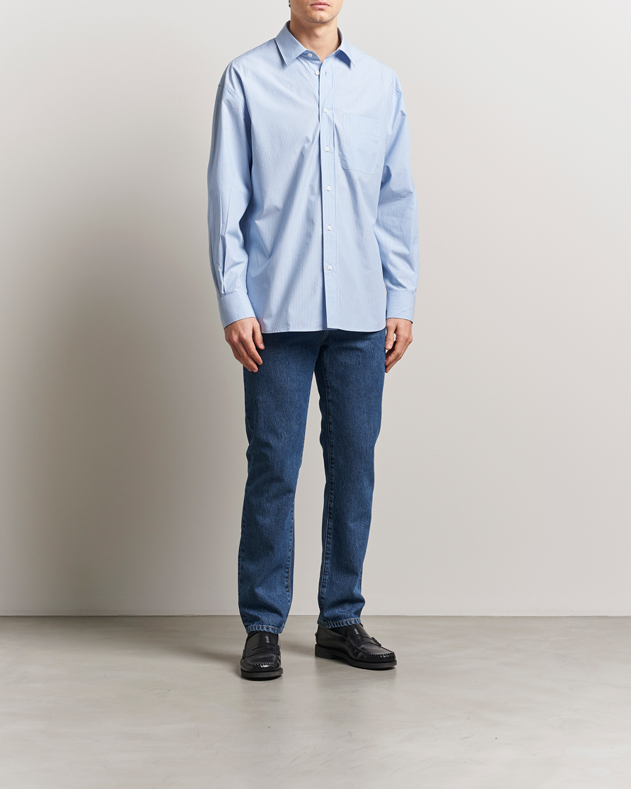 Men | Shirts | Filippa K | Striped Cotton Poplin Shirt Light Blue/White