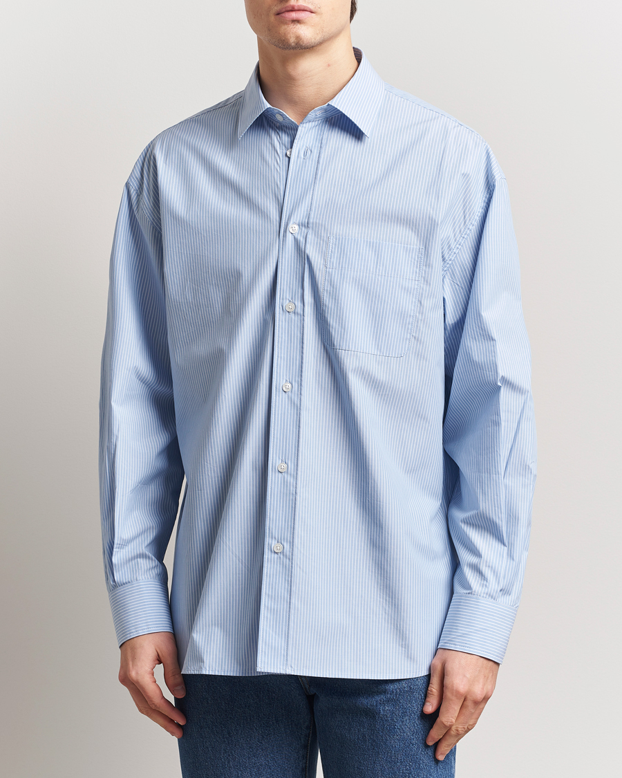 Men | Shirts | Filippa K | Striped Cotton Poplin Shirt Light Blue/White