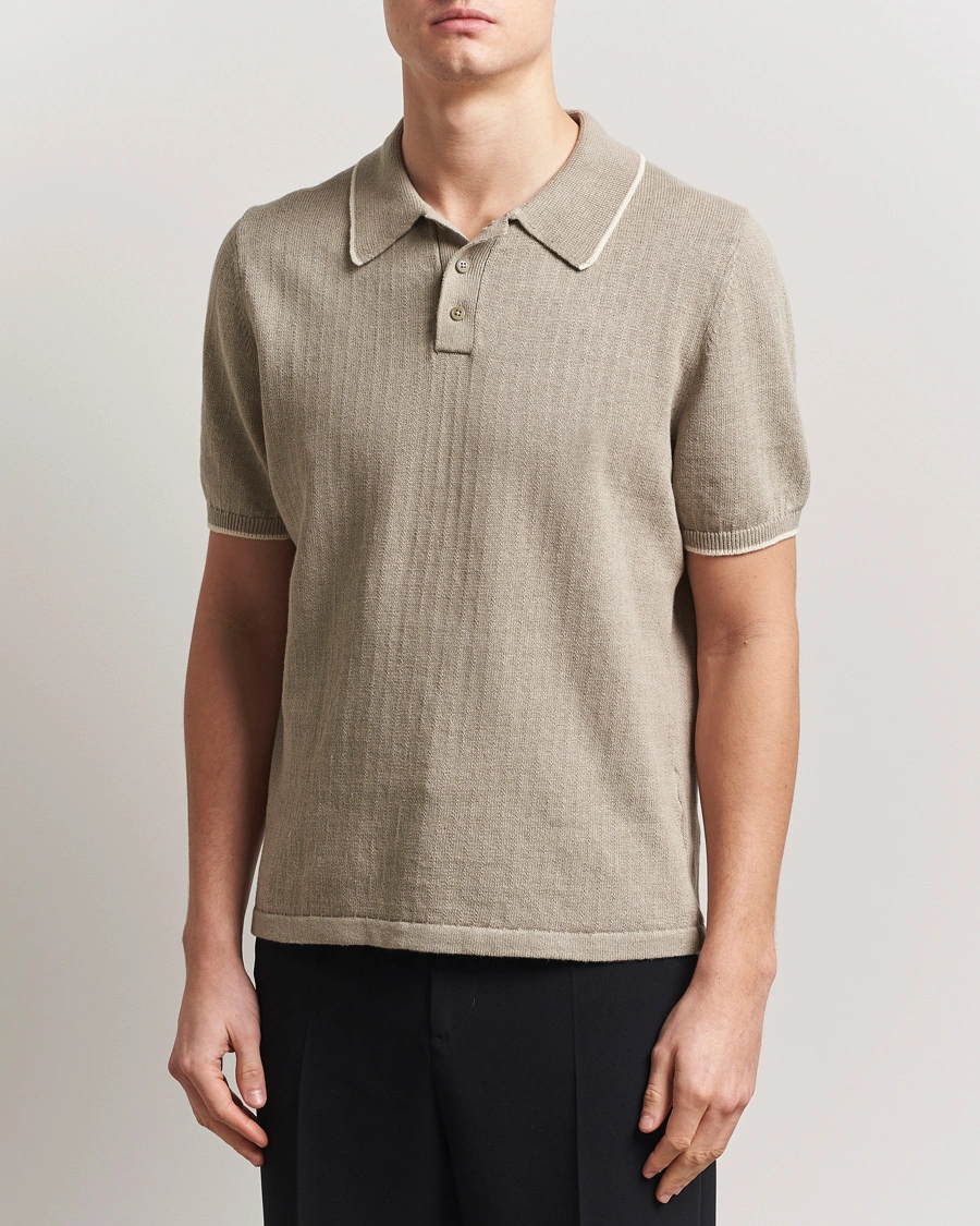 Men | Polo Shirts | Filippa K | Linen Cotton Knitted Polo Moss Grey