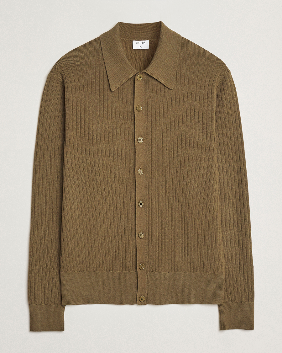 Men | Sweaters & Knitwear | Filippa K | Cotton Merino Ribbed Knitted Cardigan Olive Green