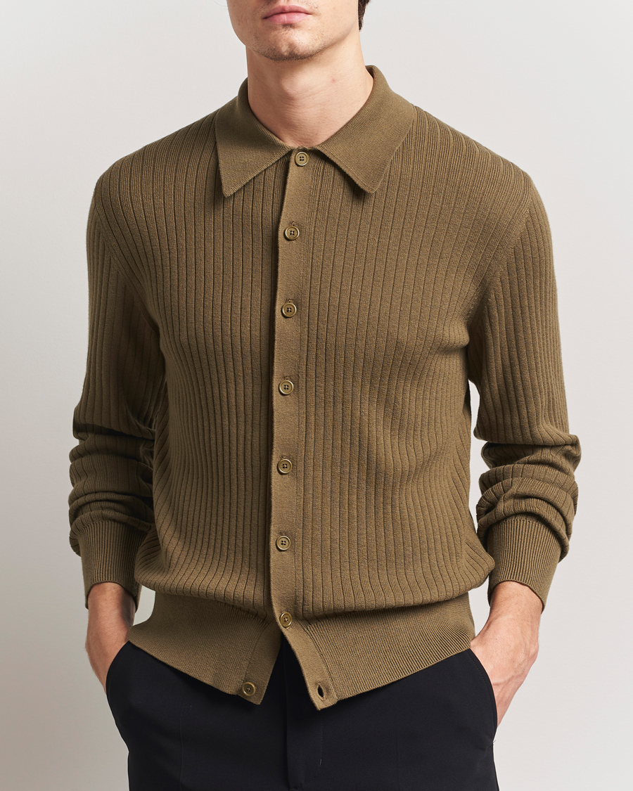 Men | Sweaters & Knitwear | Filippa K | Cotton Merino Ribbed Knitted Cardigan Olive Green
