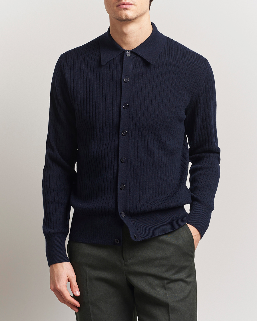 Men | Sweaters & Knitwear | Filippa K | Cotton Merino Ribbed Knitted Cardigan Navy