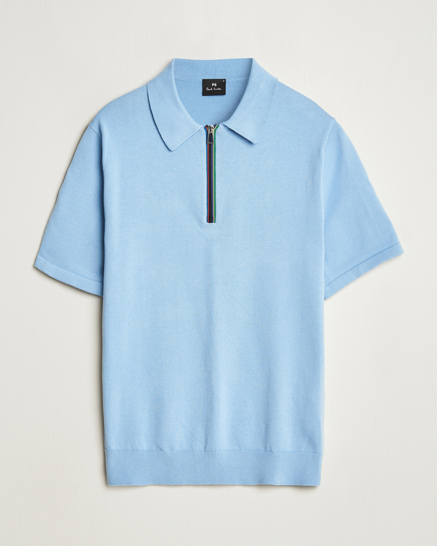 Men | Polo Shirts | PS Paul Smith | Cotton Knitted Half Zip Polo Light Blue