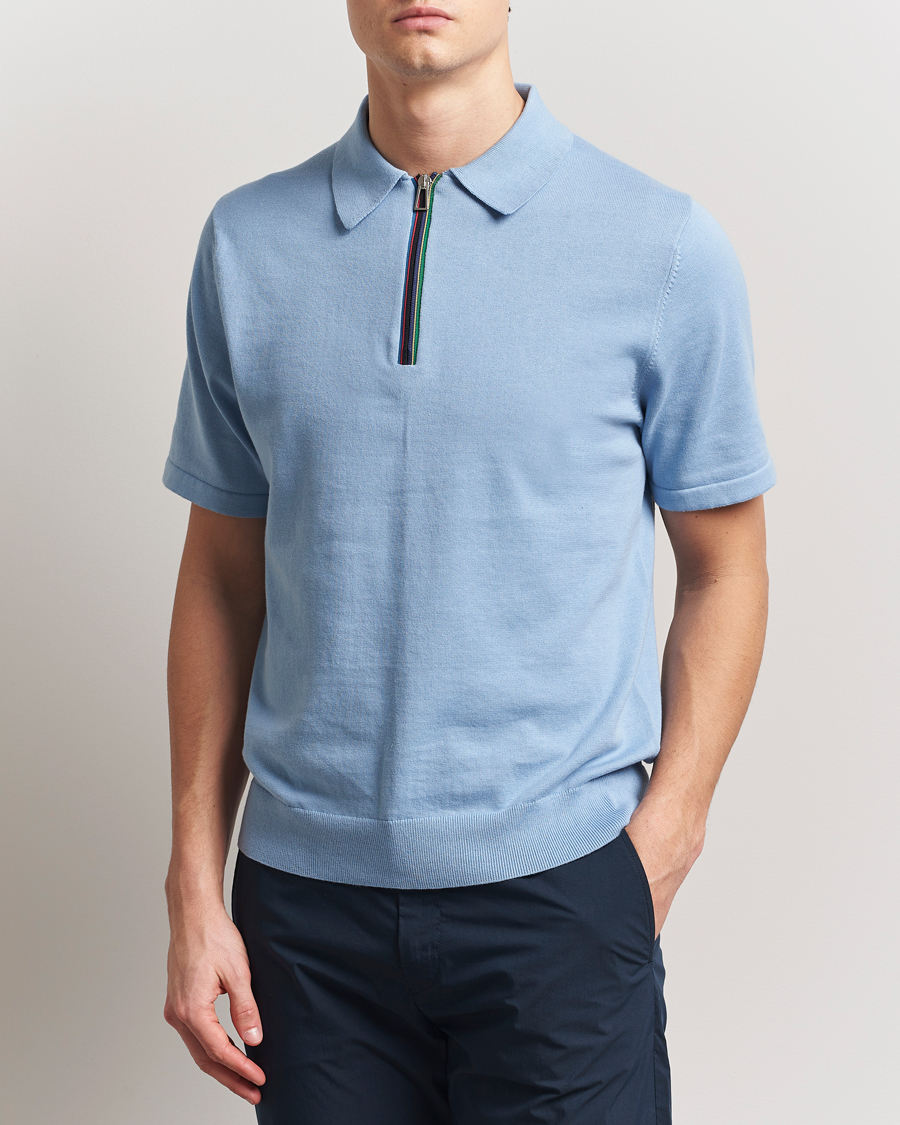 Men | Polo Shirts | PS Paul Smith | Cotton Knitted Half Zip Polo Light Blue