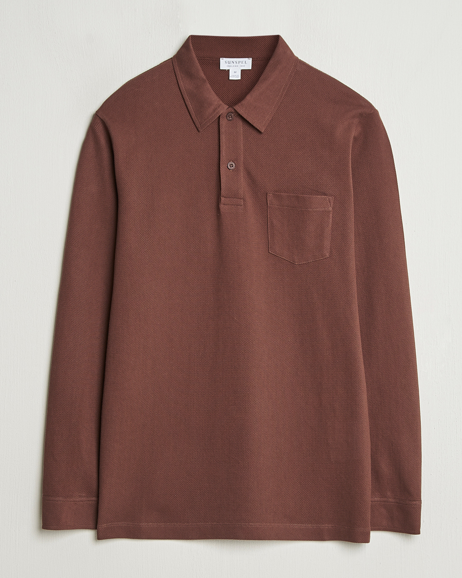 Men | Polo Shirts | Sunspel | Long Sleeve Riviera Polo Shirt Cocoa Brown