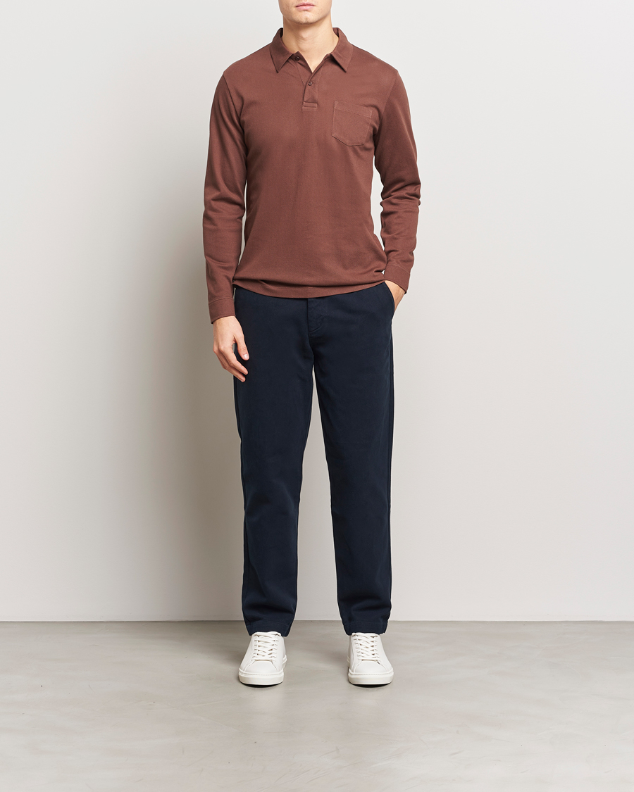 Men | Polo Shirts | Sunspel | Long Sleeve Riviera Polo Shirt Cocoa Brown