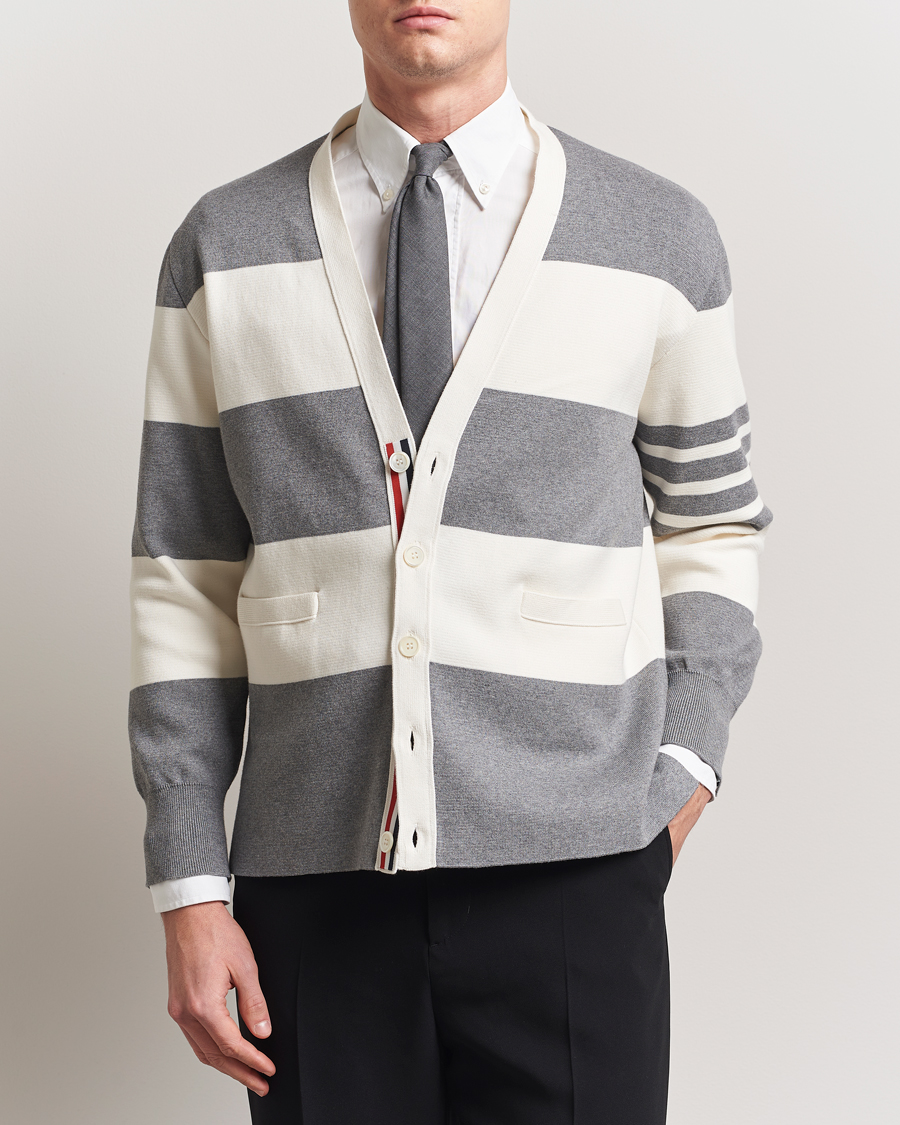 Men | Sweaters & Knitwear | Thom Browne | Rugby Stripe Cotton Cardigan Grey/White