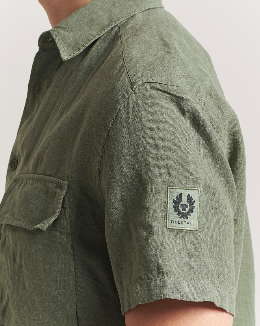 Men | Shirts | Belstaff | Scale Short Sleeve Linen Shirt Surplus Green