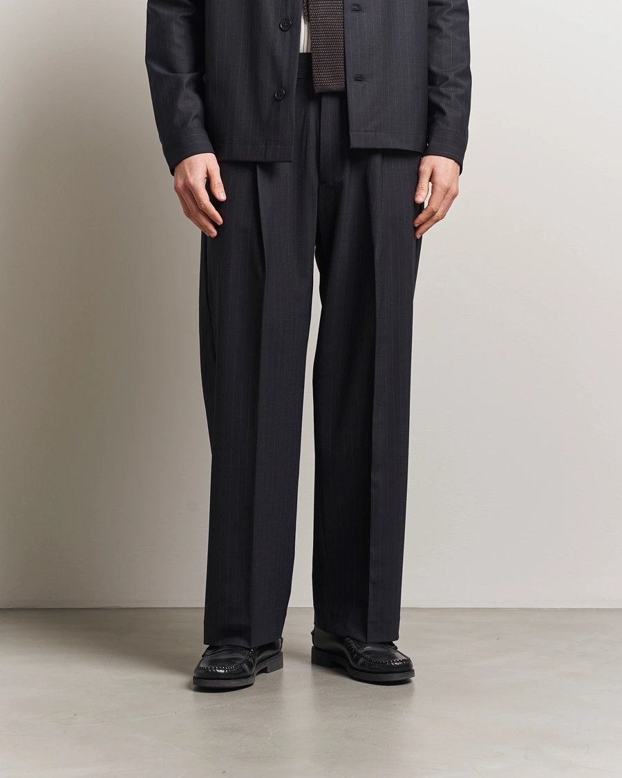 Men | Trousers | NN07 | Kay Wool Pinstriped Drawstring Trousers Navy