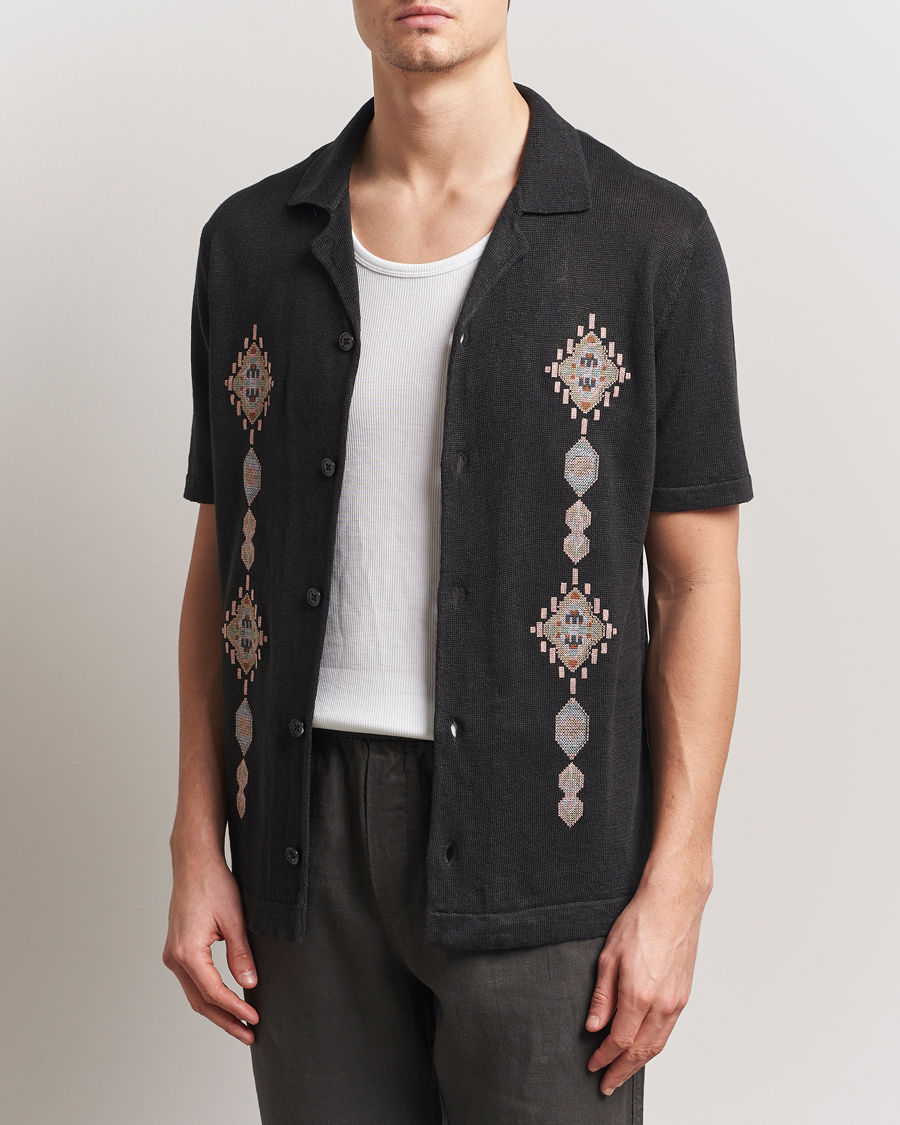 Men | Shirts | NN07 | Henry Printed Knitted Short Sleeve Shirt Black