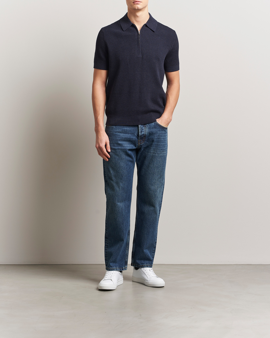 Men | Polo Shirts | NN07 | Hansie Half Zip Knitted Polo Navy Melange