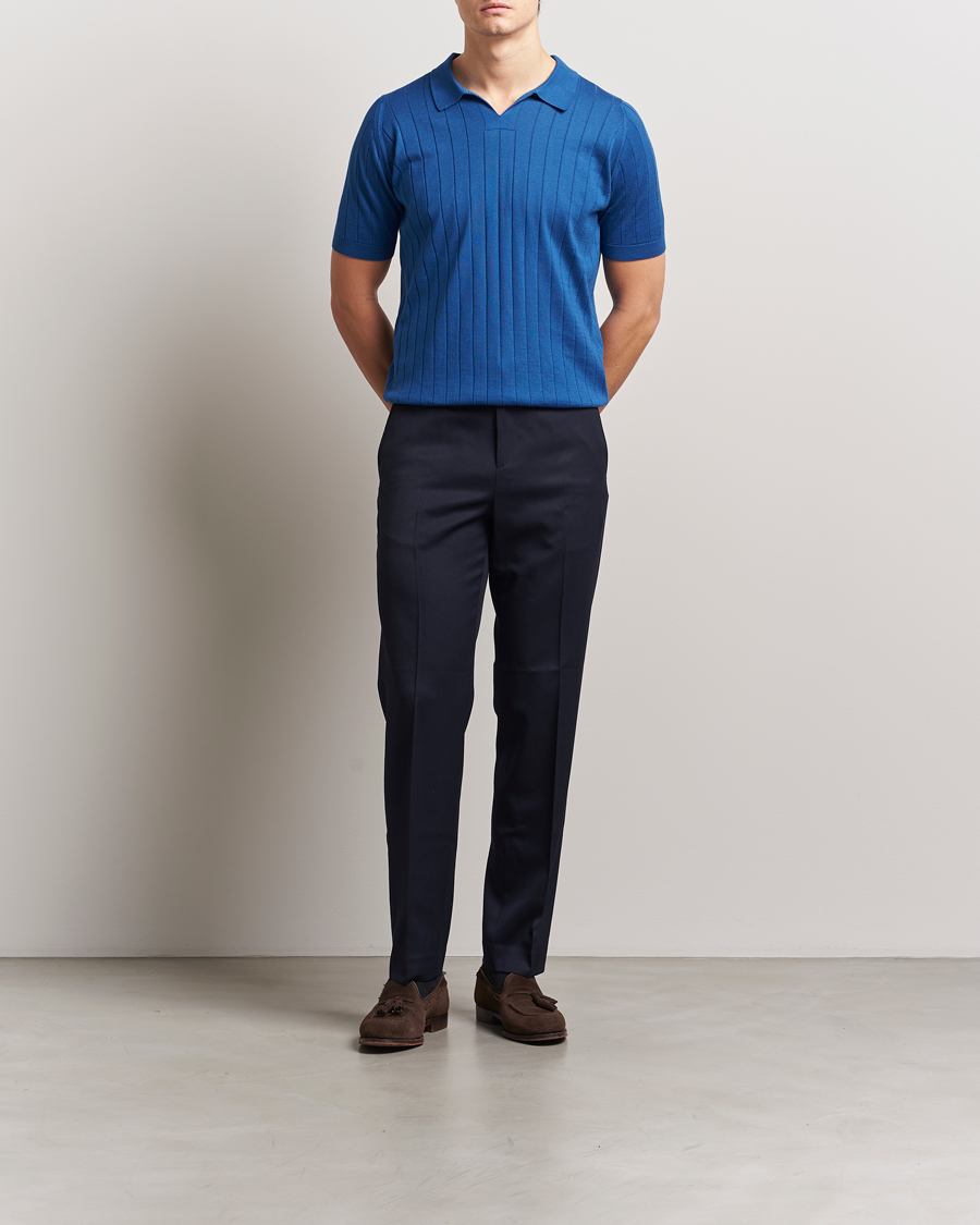 Men | Polo Shirts | John Smedley | Roper Open Collar Sea Island Polo Pacific Blue