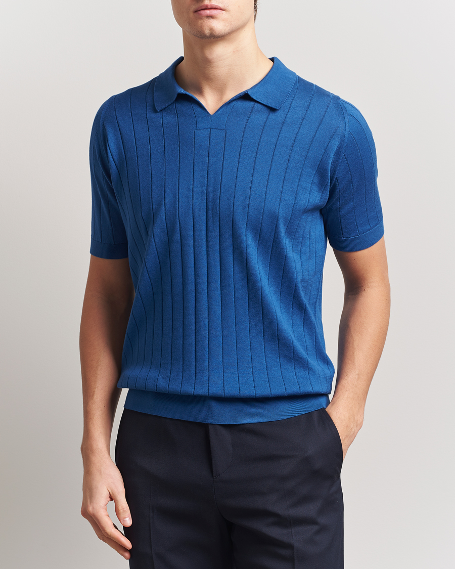 Men | Polo Shirts | John Smedley | Roper Open Collar Sea Island Polo Pacific Blue