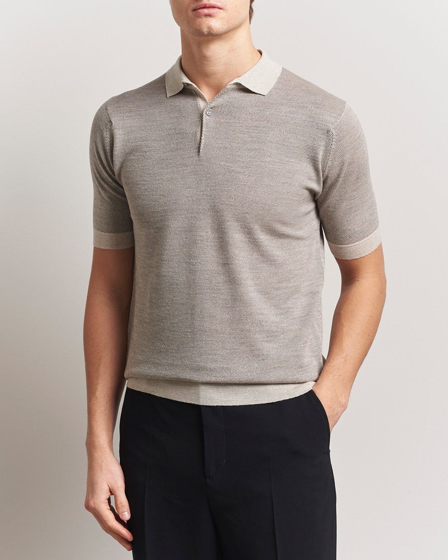 Men | Polo Shirts | John Smedley | 14 Singular Textured Polo Grey Fleece/Mushroom