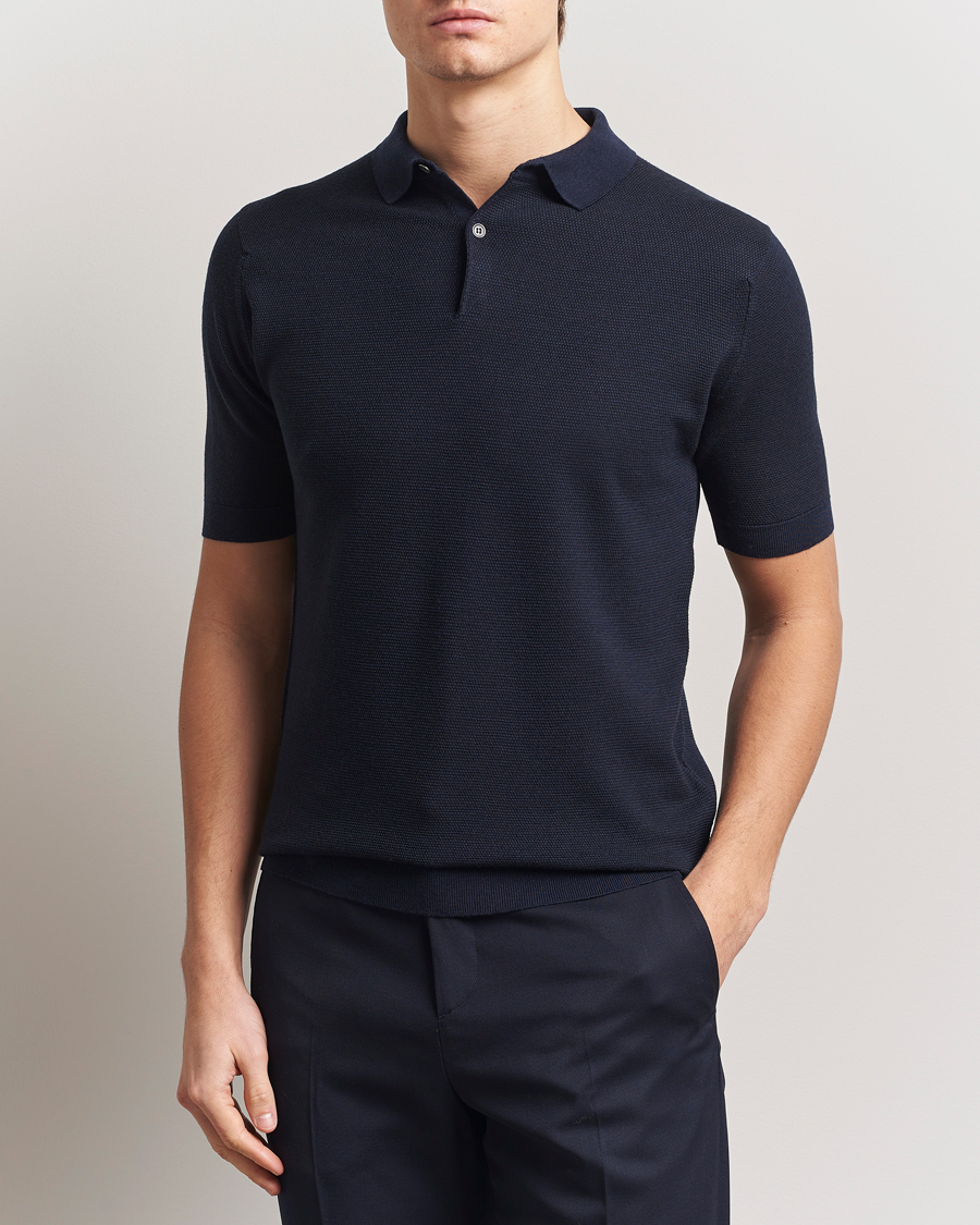 Men | Polo Shirts | John Smedley | 14 Singular Textured Polo Midnight/Black