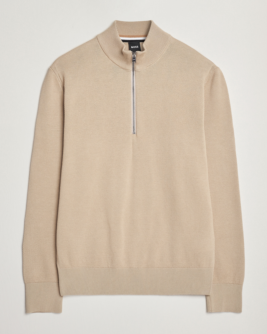 Men | Sweaters & Knitwear | BOSS BLACK | Ebrando Knitted Half Zip Light Beige