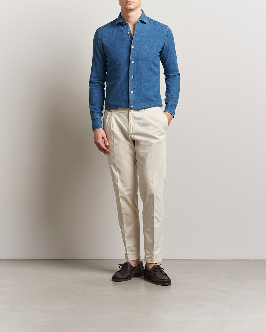 Men | Shirts | Grigio | Cotton/Linen Denim Shirt Washed Indigo