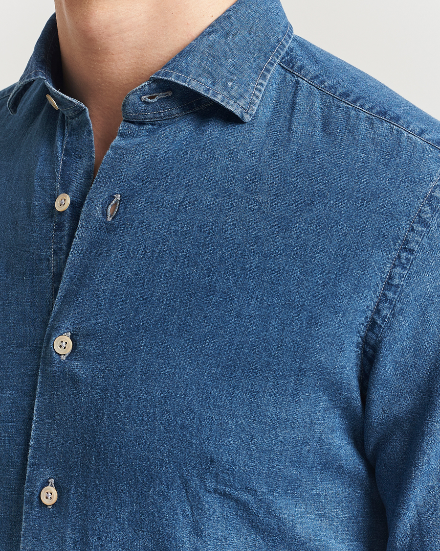 Men | Shirts | Grigio | Cotton/Linen Denim Shirt Washed Indigo