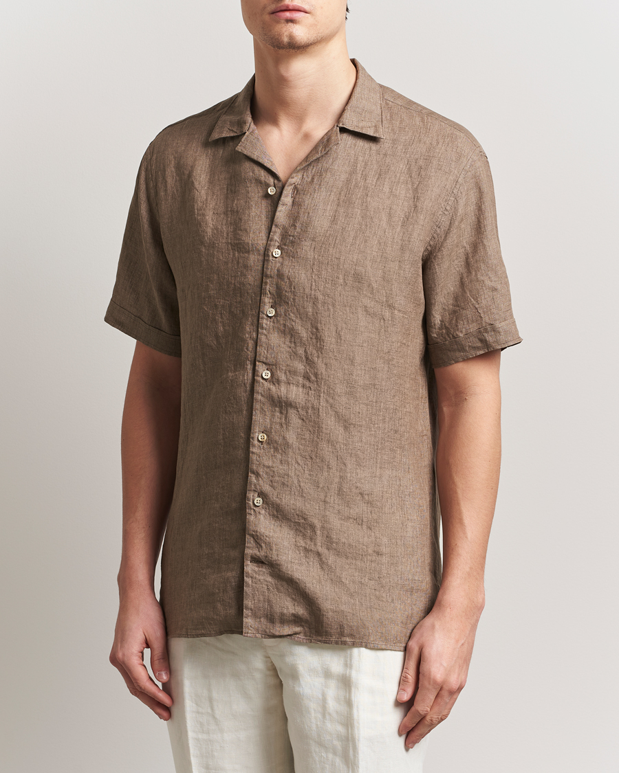 Men | Shirts | Stenströms | Short Sleeve Linen Shirt Brown