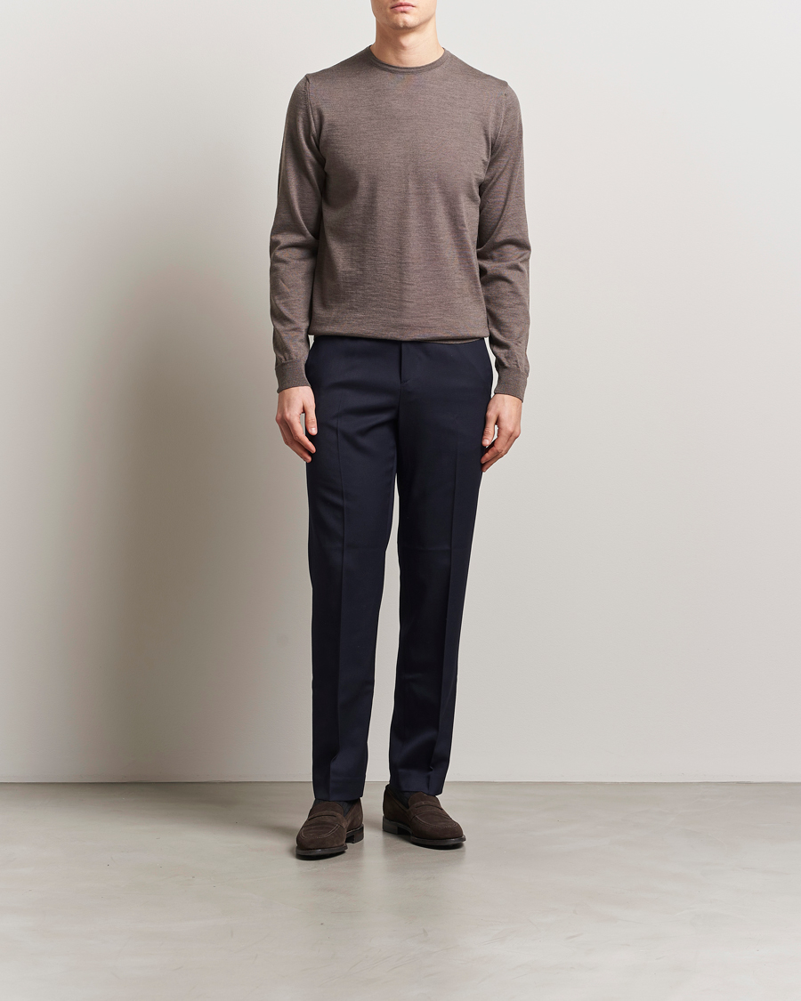 Men | Sweaters & Knitwear | Stenströms | Merino Patch Crew Neck Brown