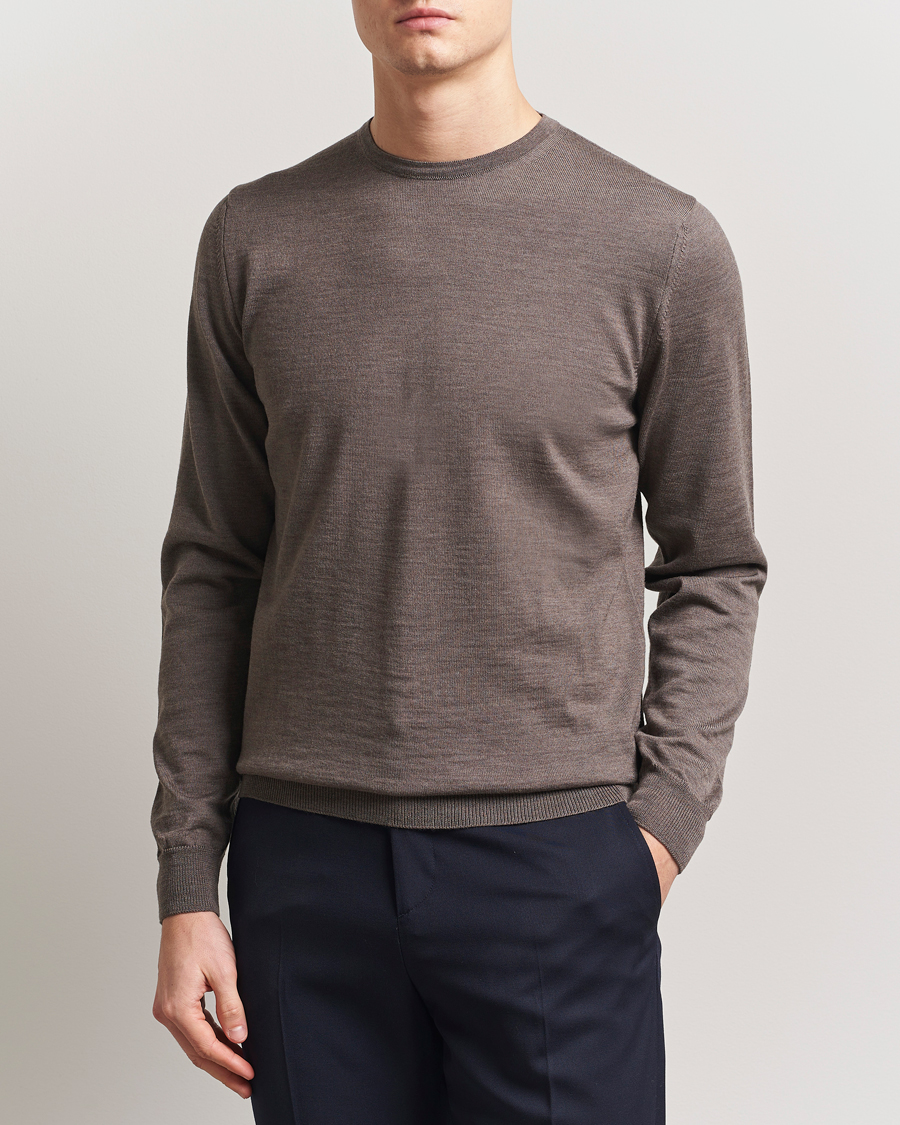 Men | Sweaters & Knitwear | Stenströms | Merino Patch Crew Neck Brown