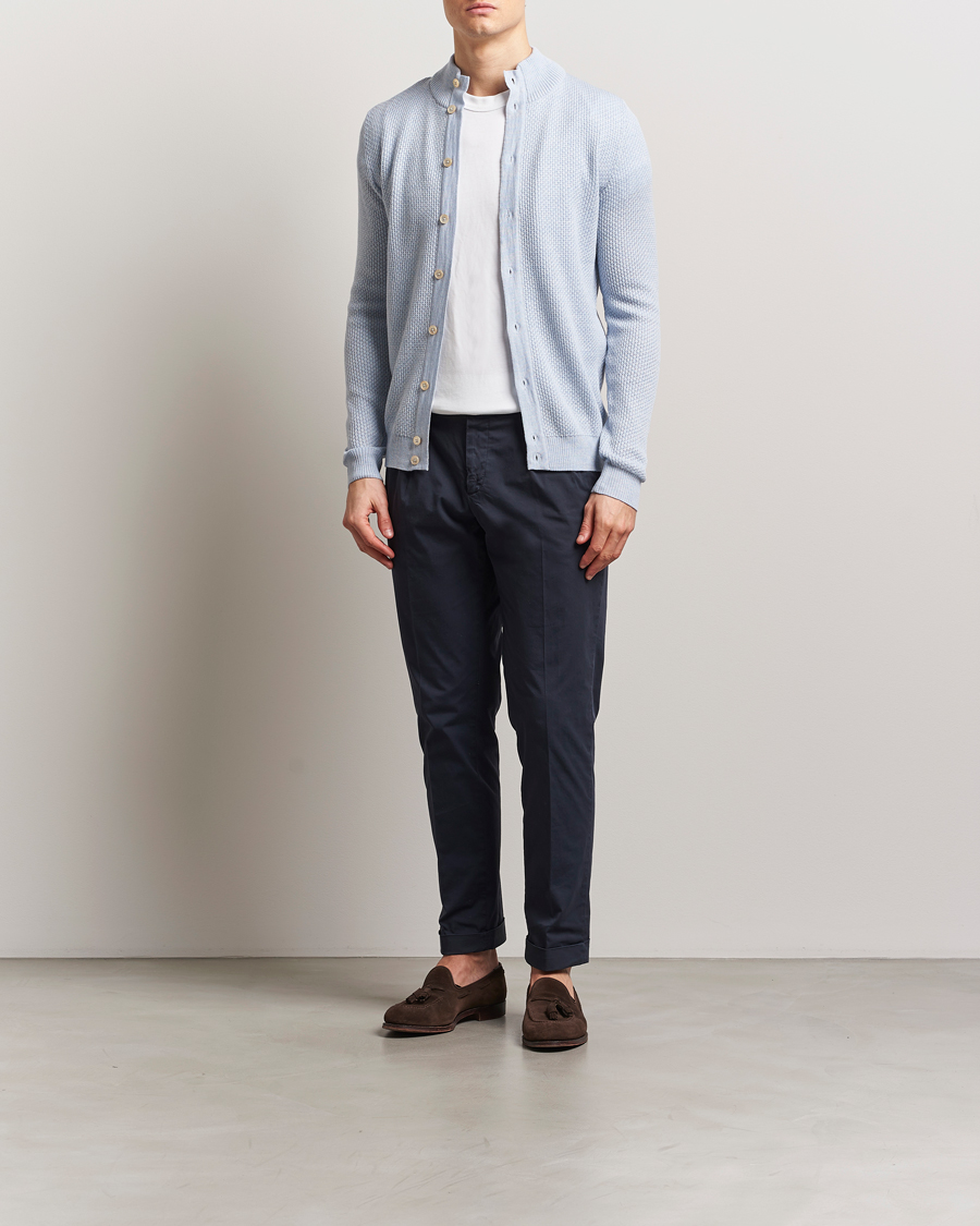 Men | Sweaters & Knitwear | Stenströms | Knitted Textured Merino Cardigan Light Blue