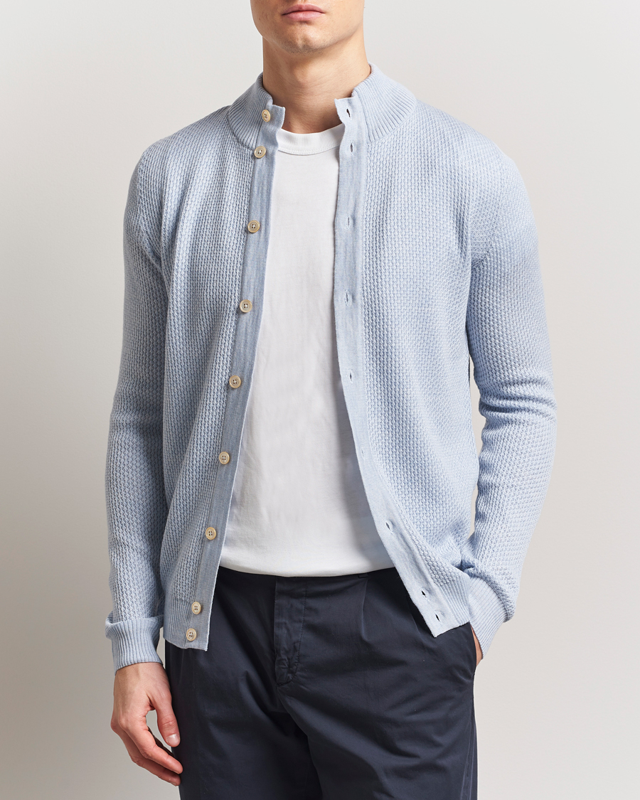 Men | Sweaters & Knitwear | Stenströms | Knitted Textured Merino Cardigan Light Blue