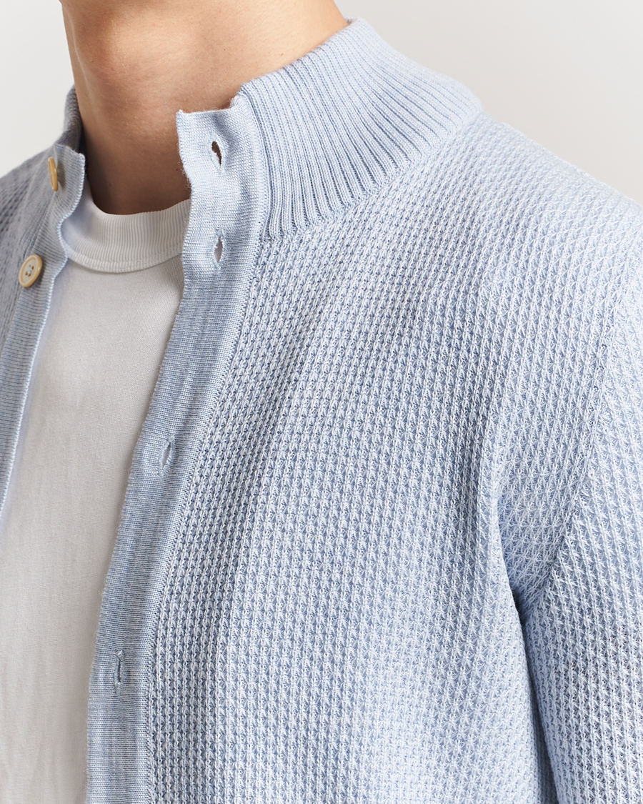 Men | Sweaters & Knitwear | Stenströms | Knitted Textured Merino Cardigan Light Blue