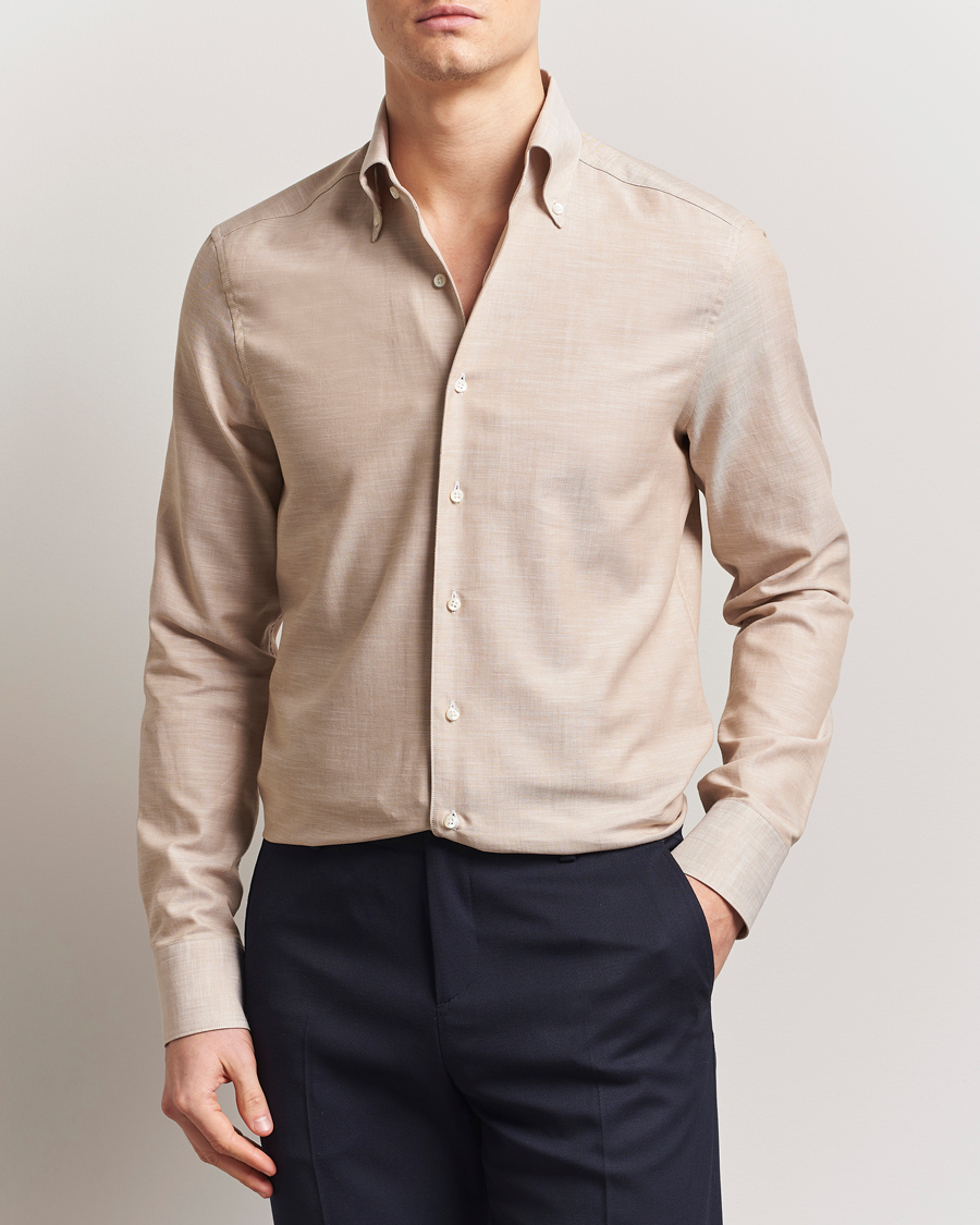 Men | Shirts | Stenströms | Soft Cotton One Piece Button Down Shirt Beige